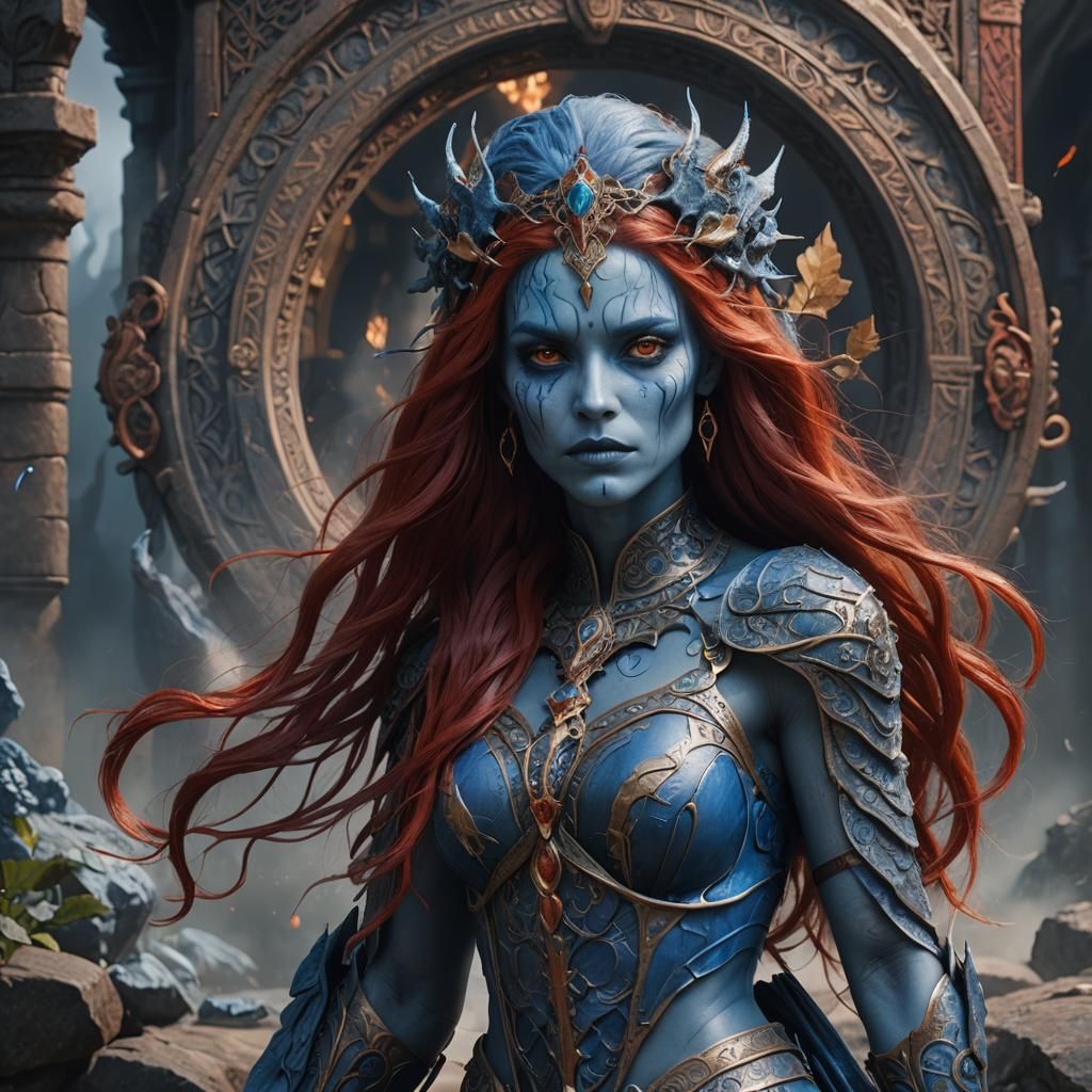 Blue-Skinned Woman with Red Hair: Fantasy Concept Art