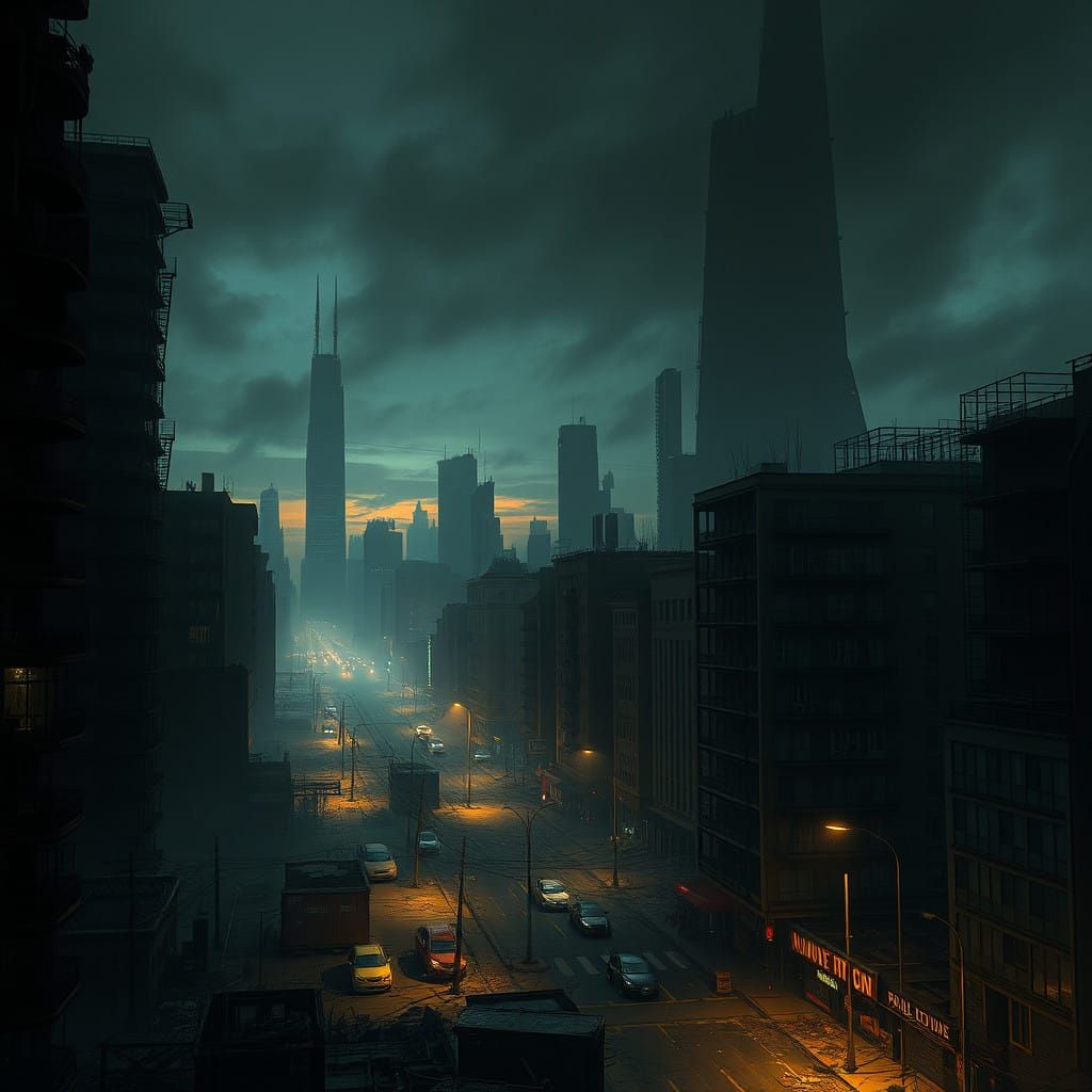 Gritty Cityscape of Moral Decay at Dusk