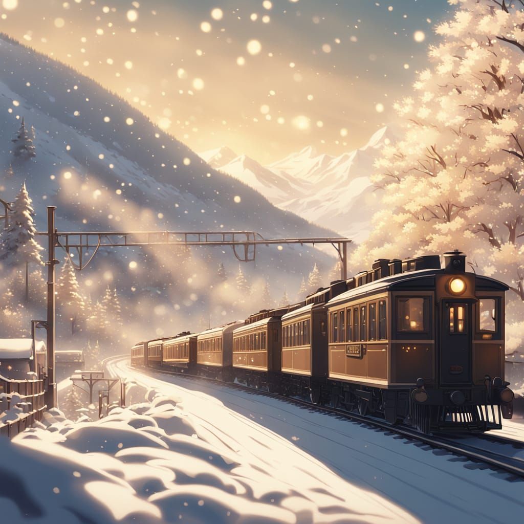Anime Steam Train in Snowy Valley at Dusk