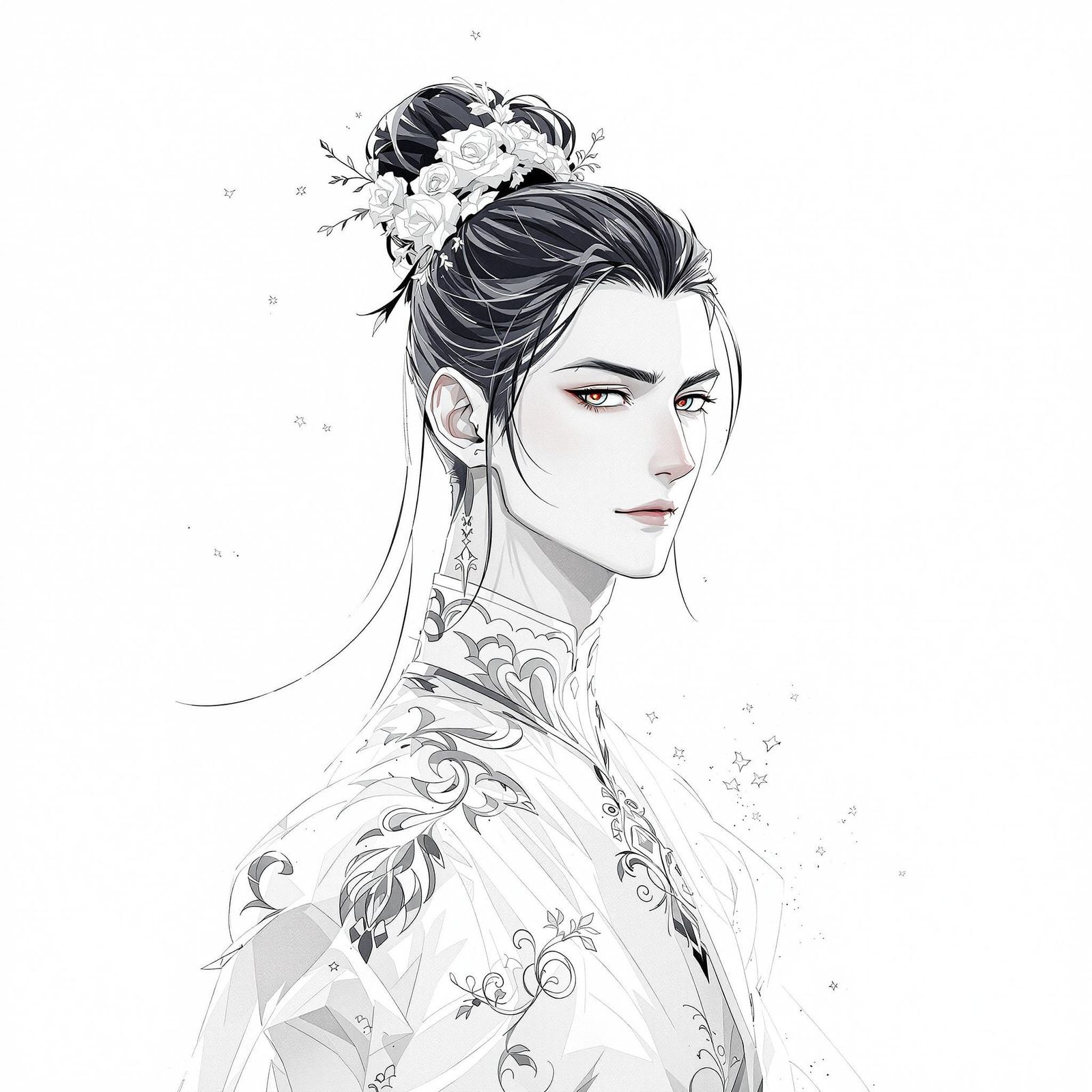 Elegant Moe-Style Hero Against White Background, in Hyper-De...