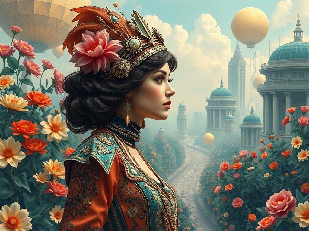 Elegant Steampunk Woman in Lush Arcology Cityscape