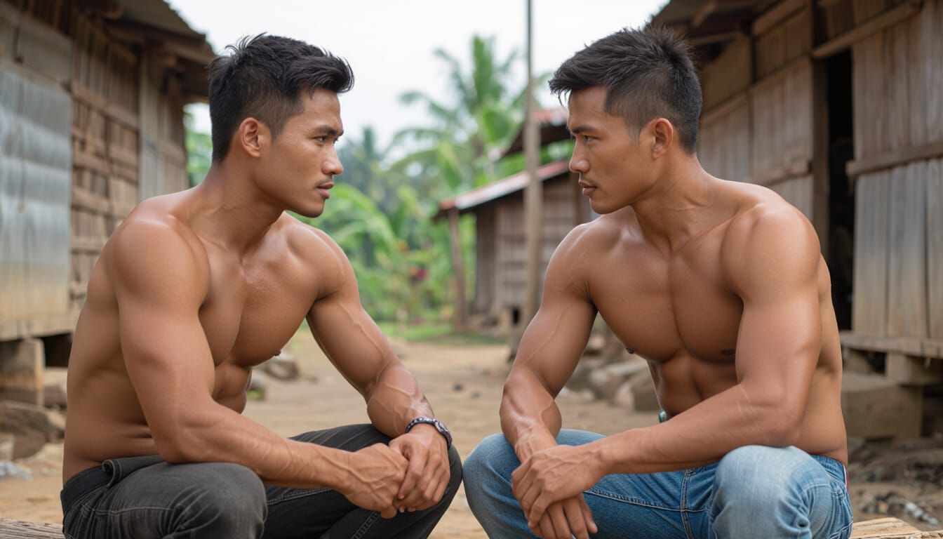 Two Muscular Men Embrace in Rustic Hut