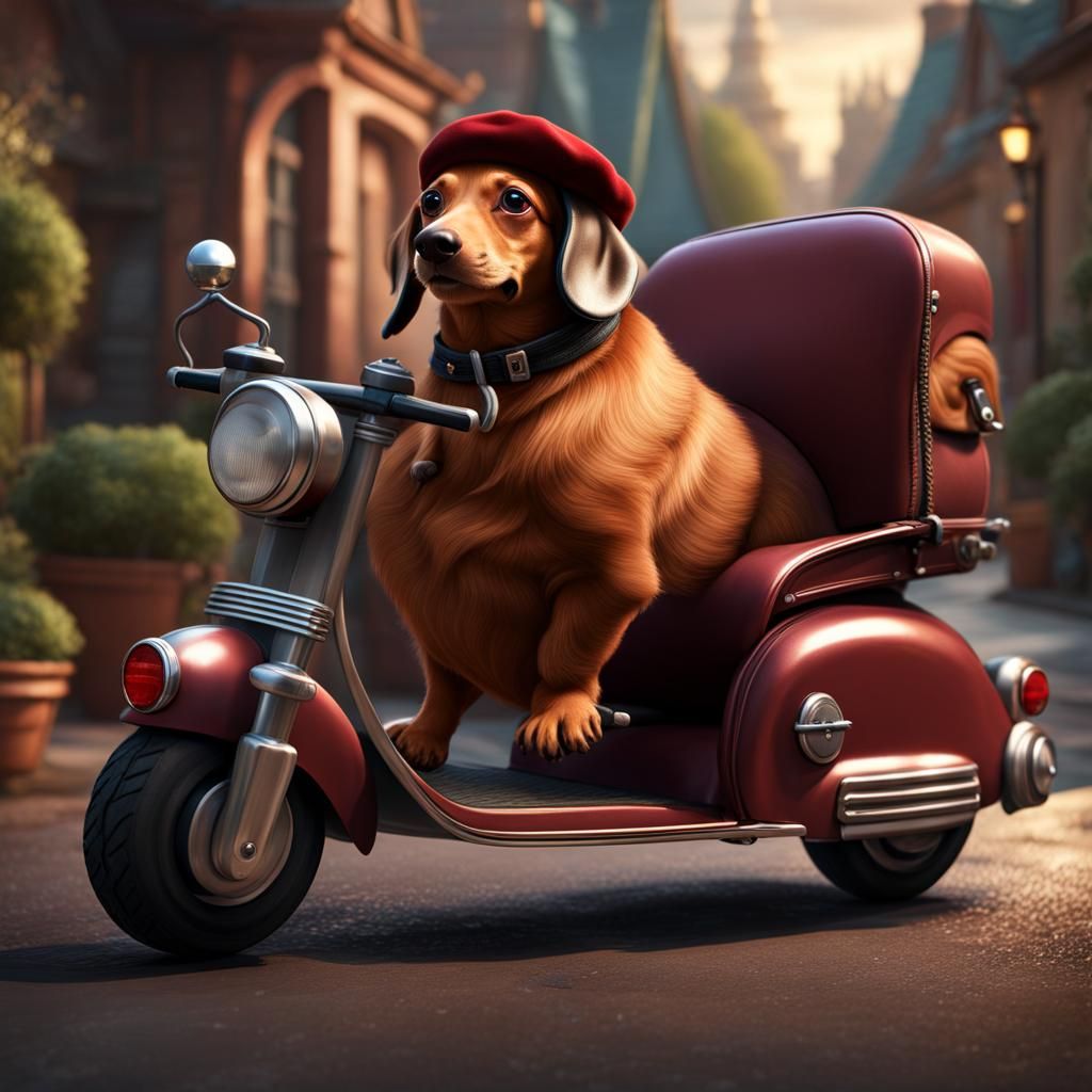 Dachshund on Scooter: Detailed Fantasy Art