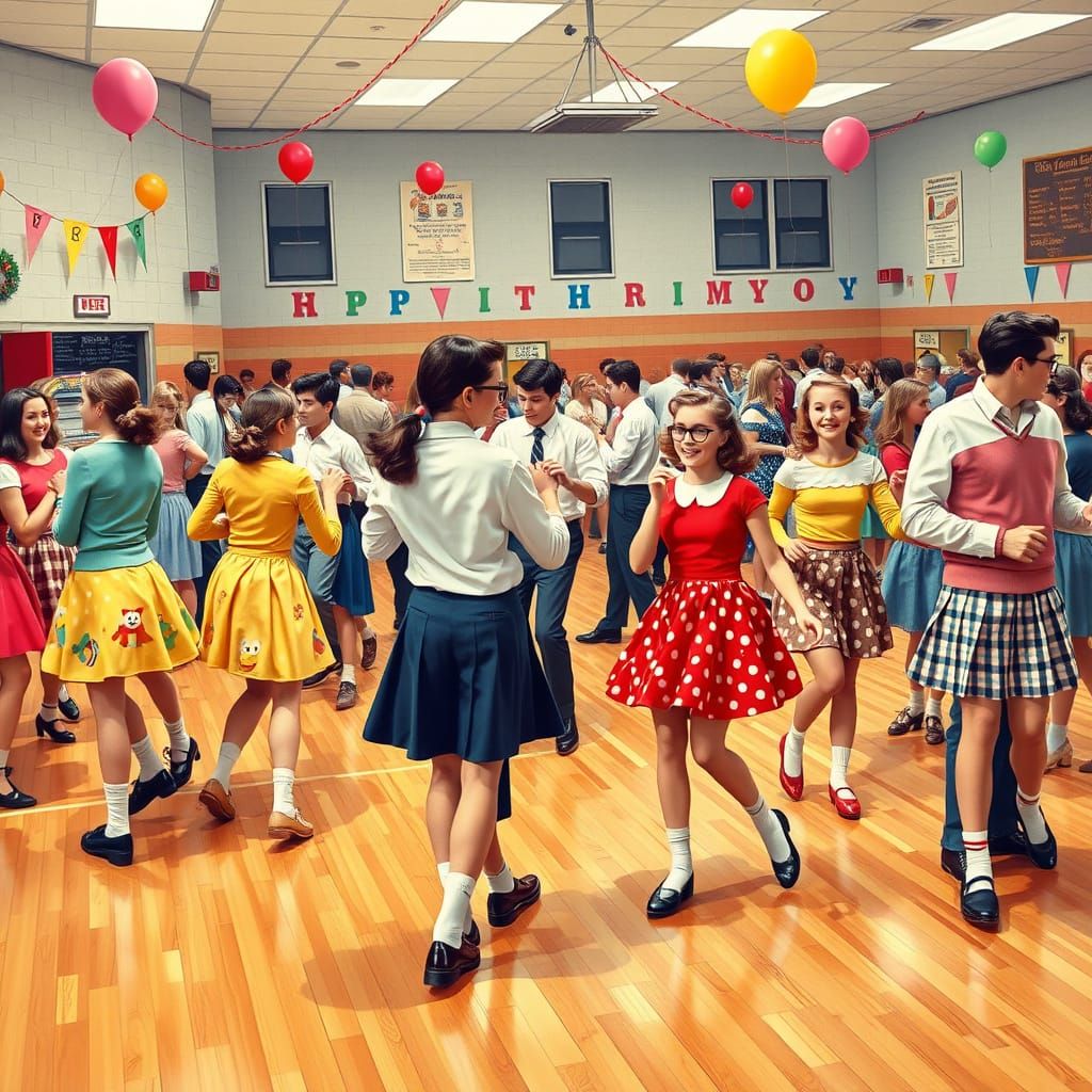 Vintage High School Dance in 1950s Gymnasium