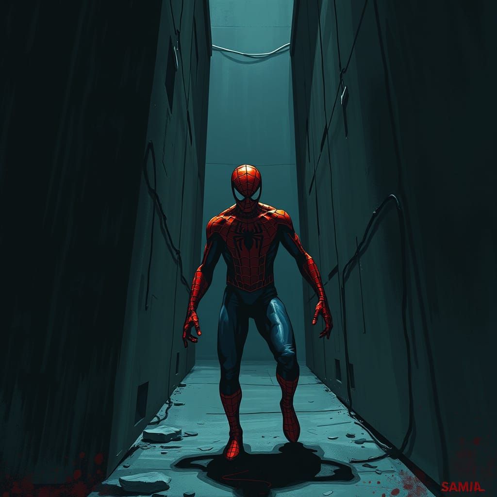Spiderman in Dark Alley, Noir Cyberpunk Style