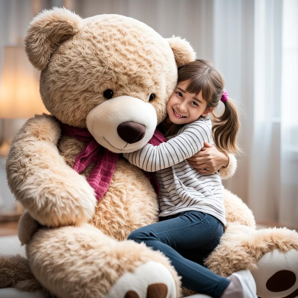 Girl Hugs Teddy Bear in Natural Light
