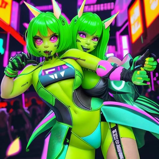 Cute Green Goblins Dance Party in Cyberpunk Style