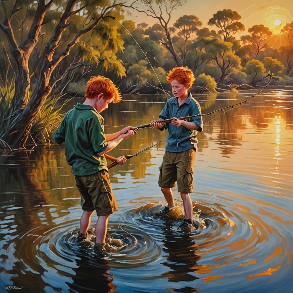Boy Fishing Monster Catch: Vibrant Oil Painting