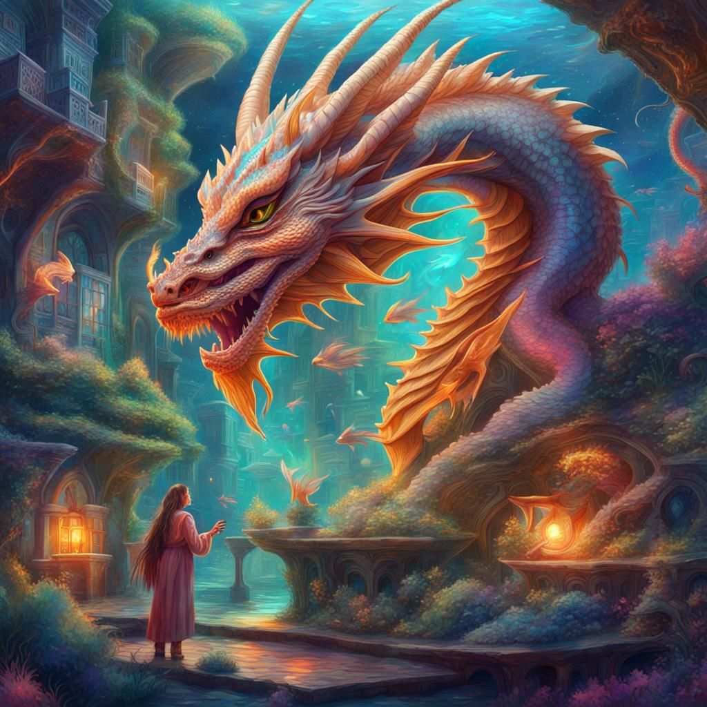 Dragon and Village in Aquarium: Astral Illustration
