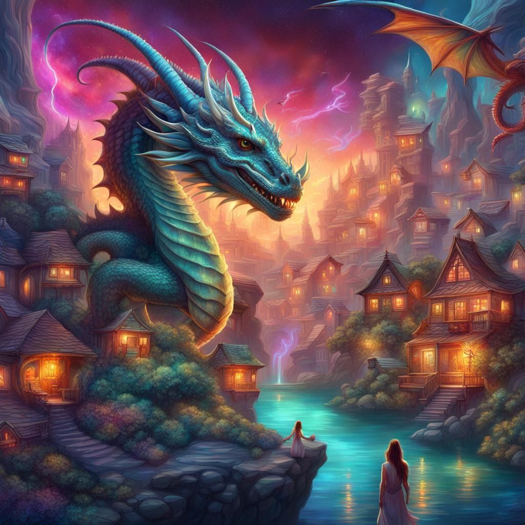 Dragon and Village Aquarium: Holographic Astral Illustration