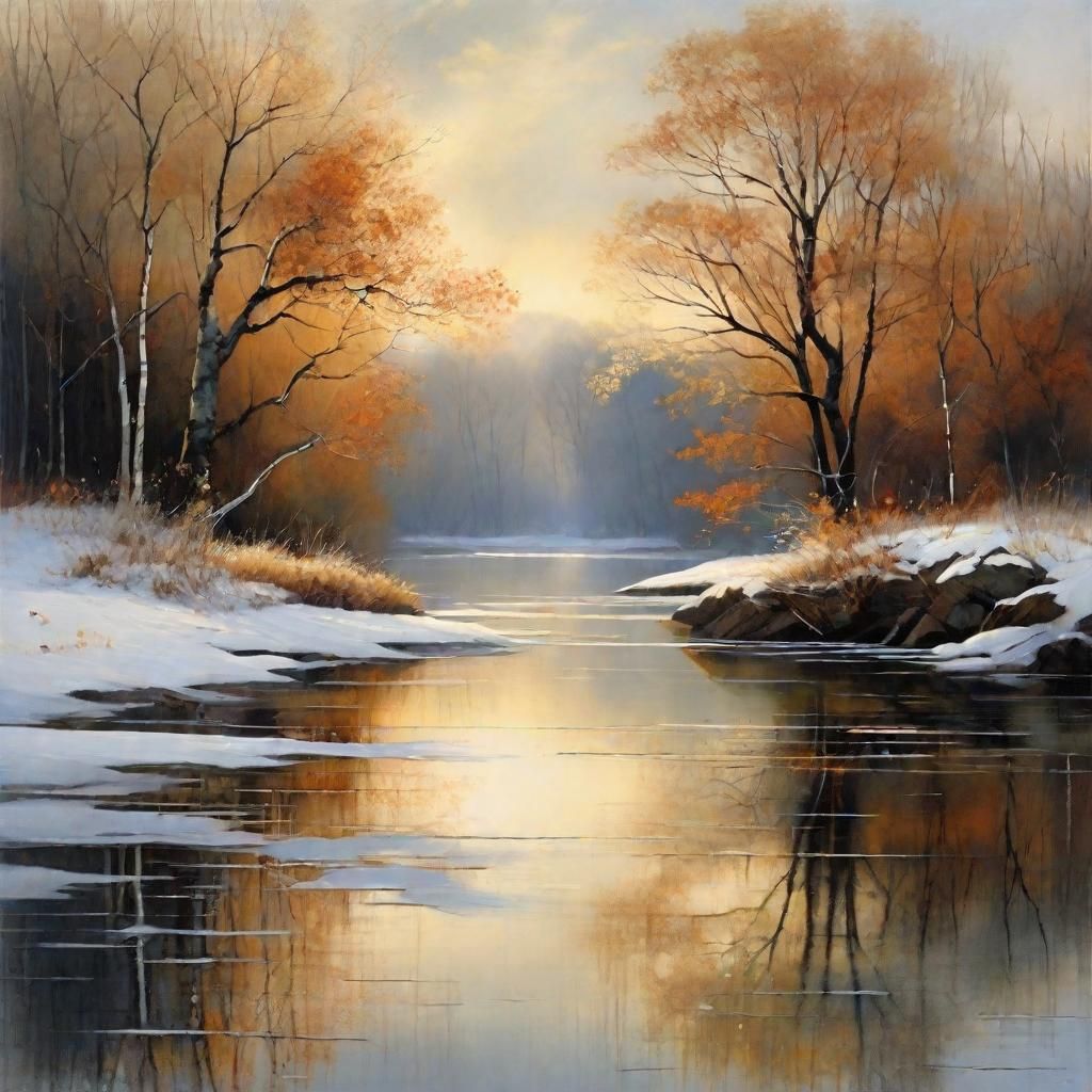 Still Winter Riverscape in Art Brut Style