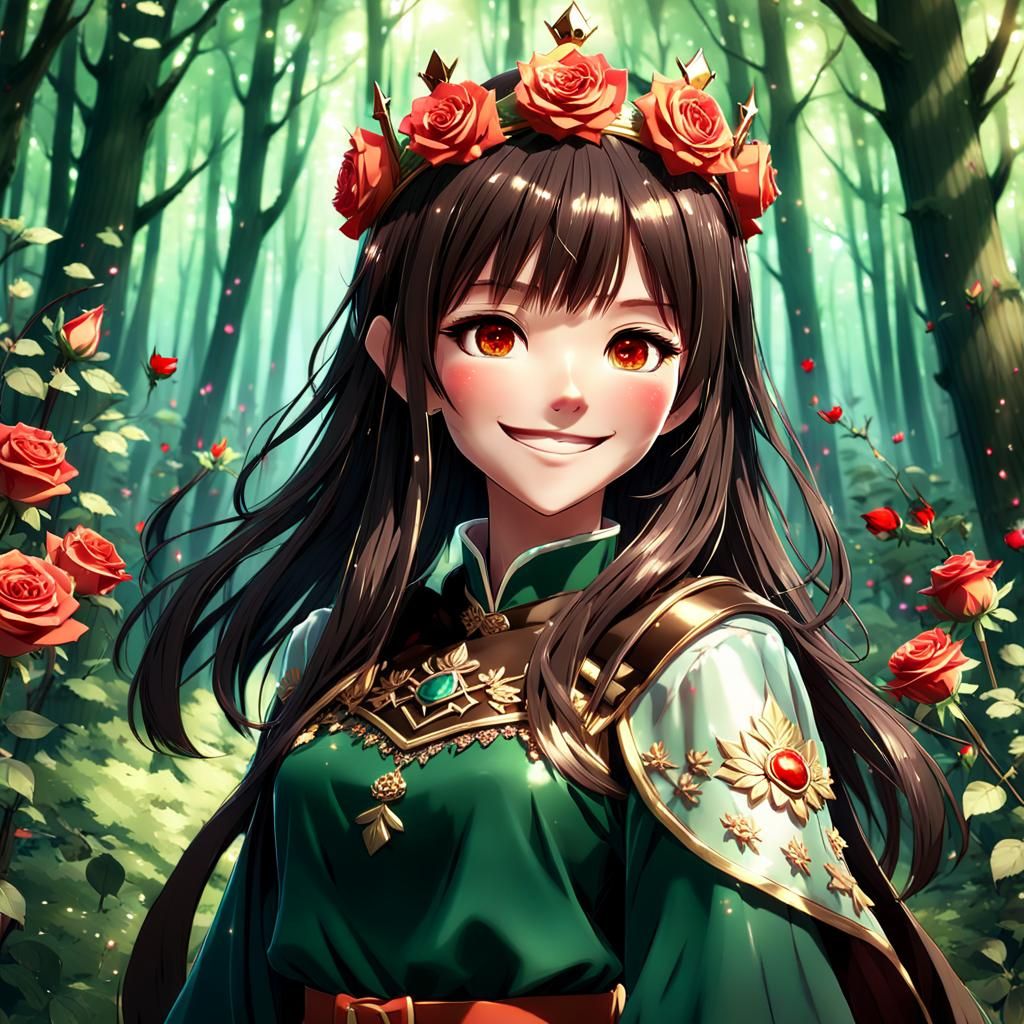 Anime Girl with Rose Crown in Forest