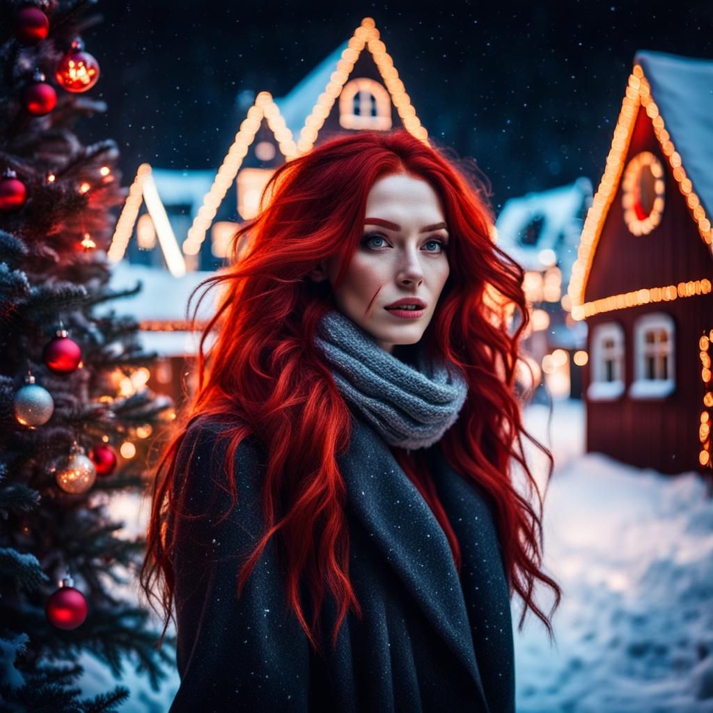 Enchanting Red-Haired Girl in Neon Christmas Landscape