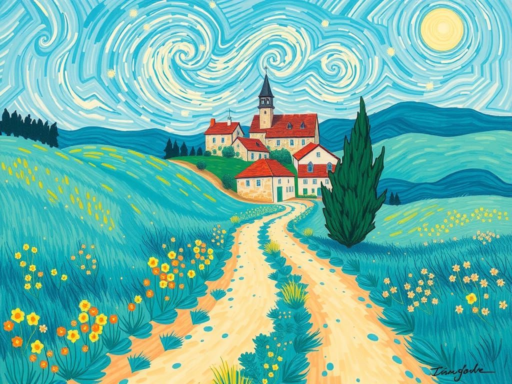 Turquoise Village Landscape in Van Gogh Style