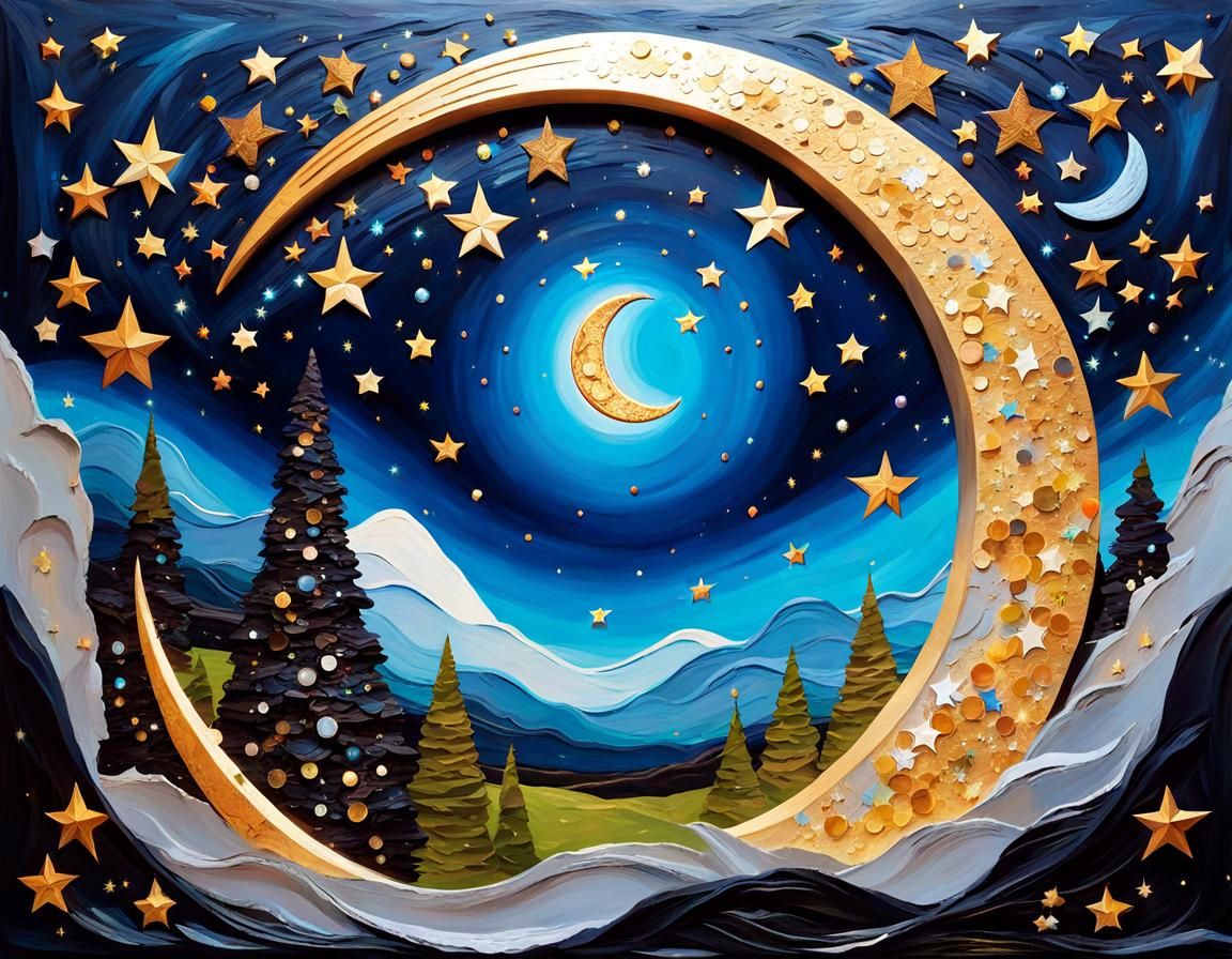 Hollow Star Moon and Triangle Spaceship, Impasto Style