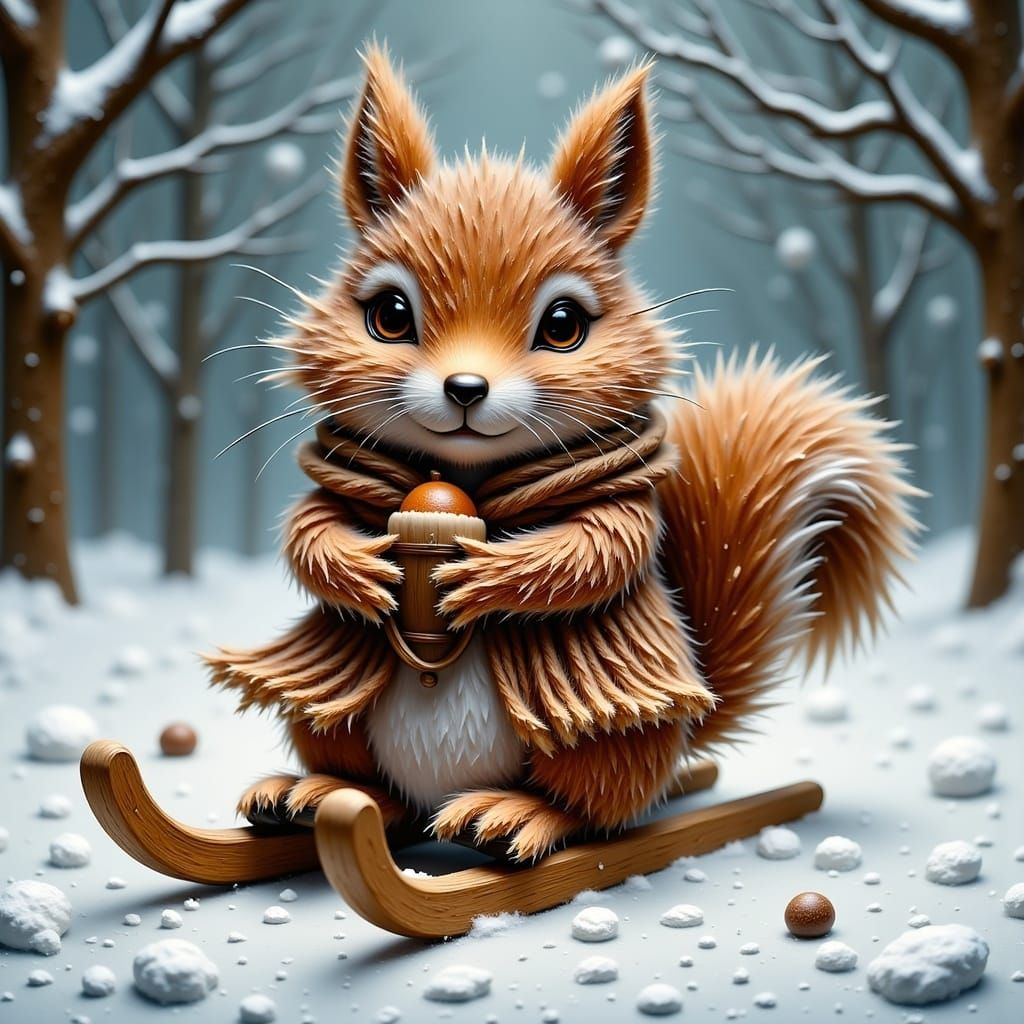Surreal Impasto Squirrel in Winter Wonderland
