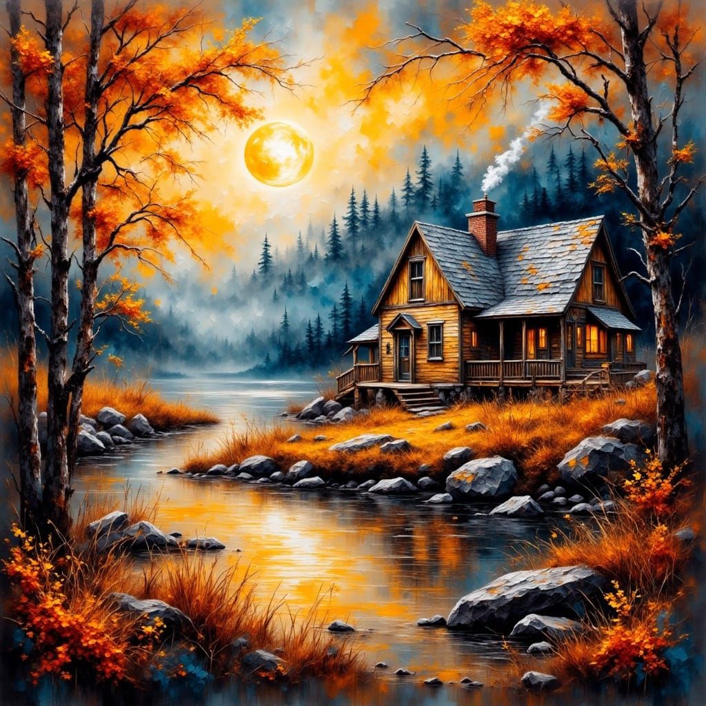 Autumn Moon Over Rustic Cottage in Graffiti Style