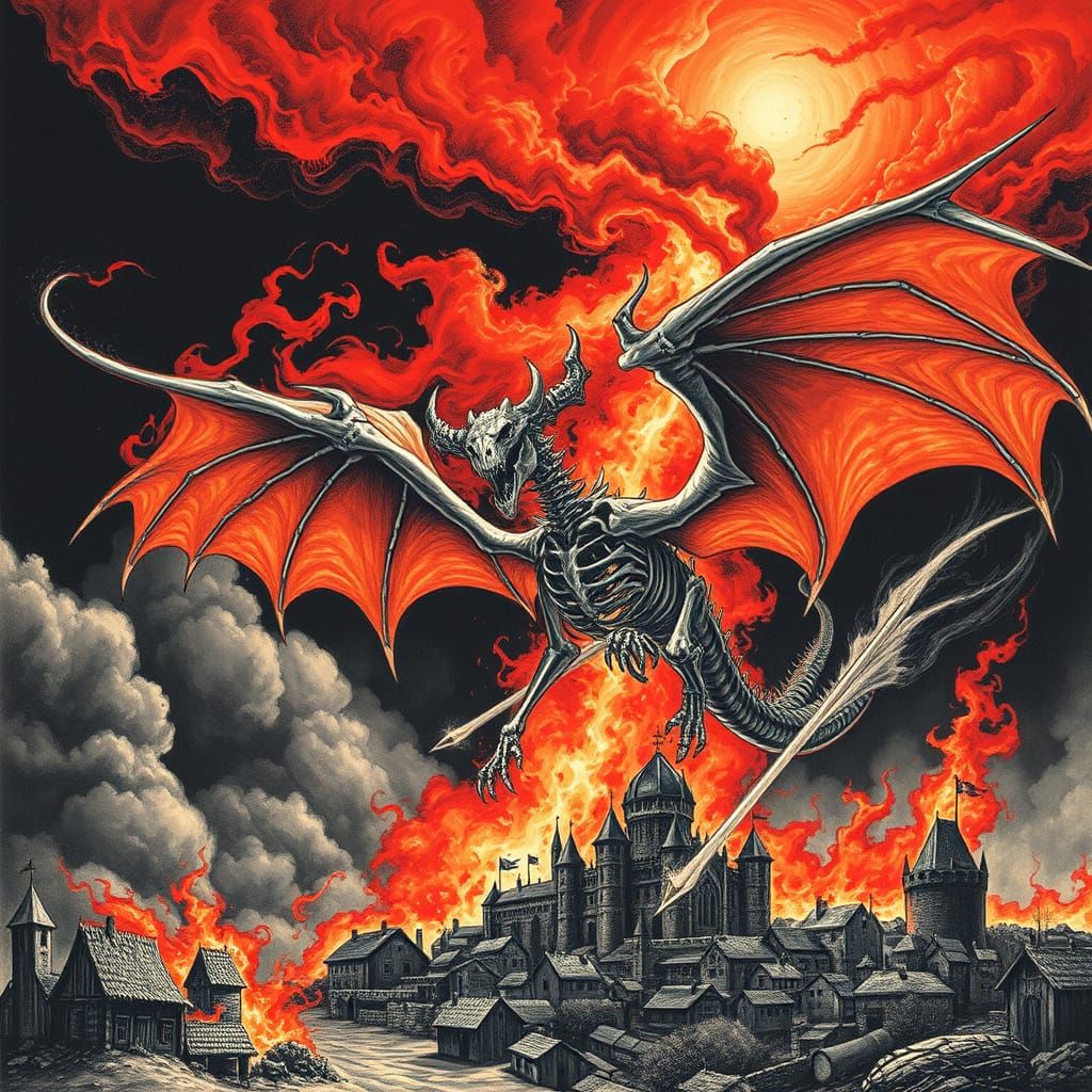 Skeletal Dragon Unleashes Inferno Upon Medieval Village