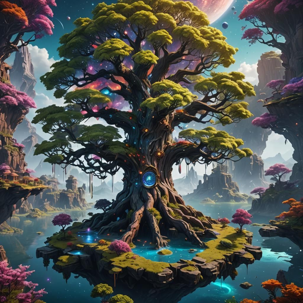 Mythical Galaxy Tree on Floating Island: Fantasy Art