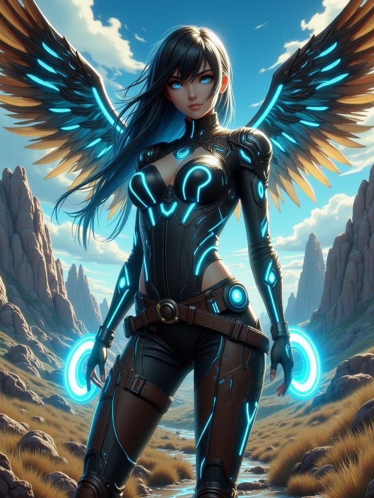 A hyperdetailed fantastical anime winged armored assassin ninja, wild west style outfit  fantasy background with Futuris...