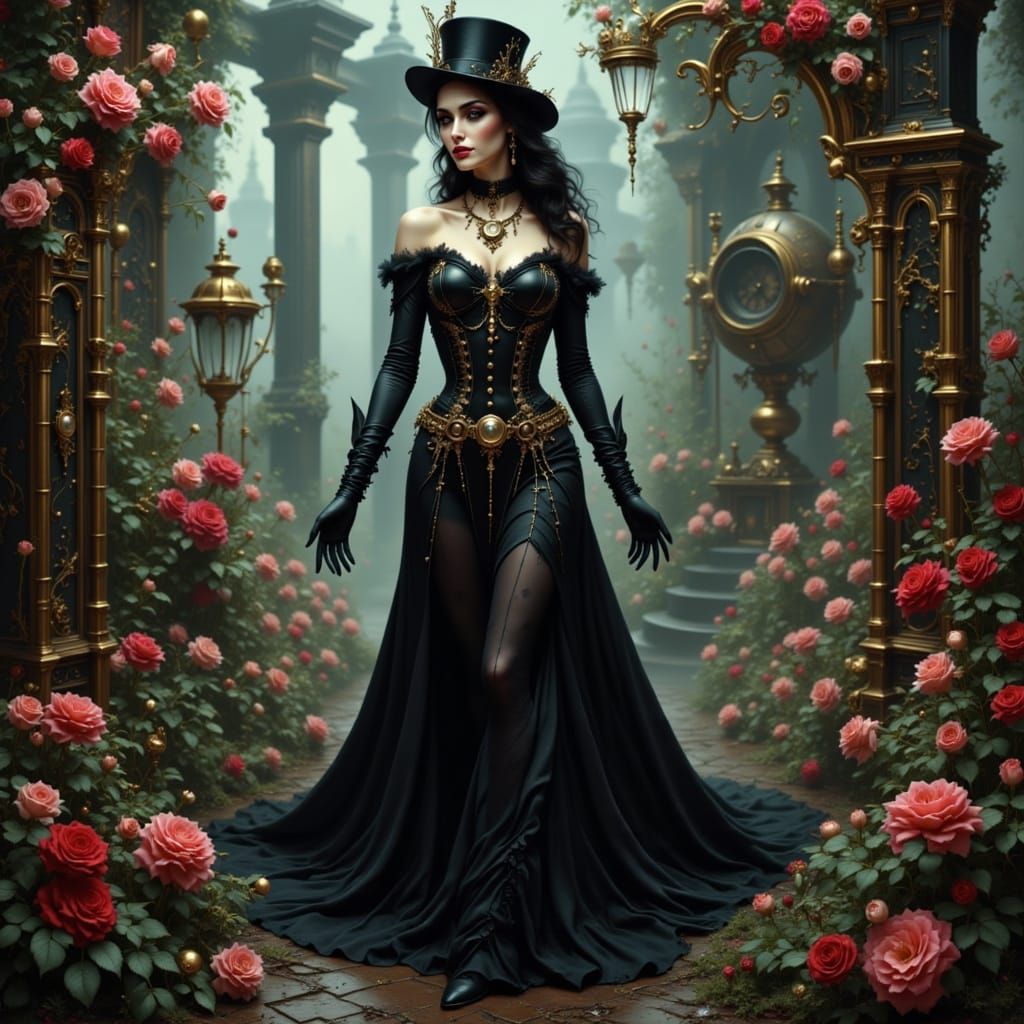 Gothic Steampunk Woman in Whimsical Rose Garden