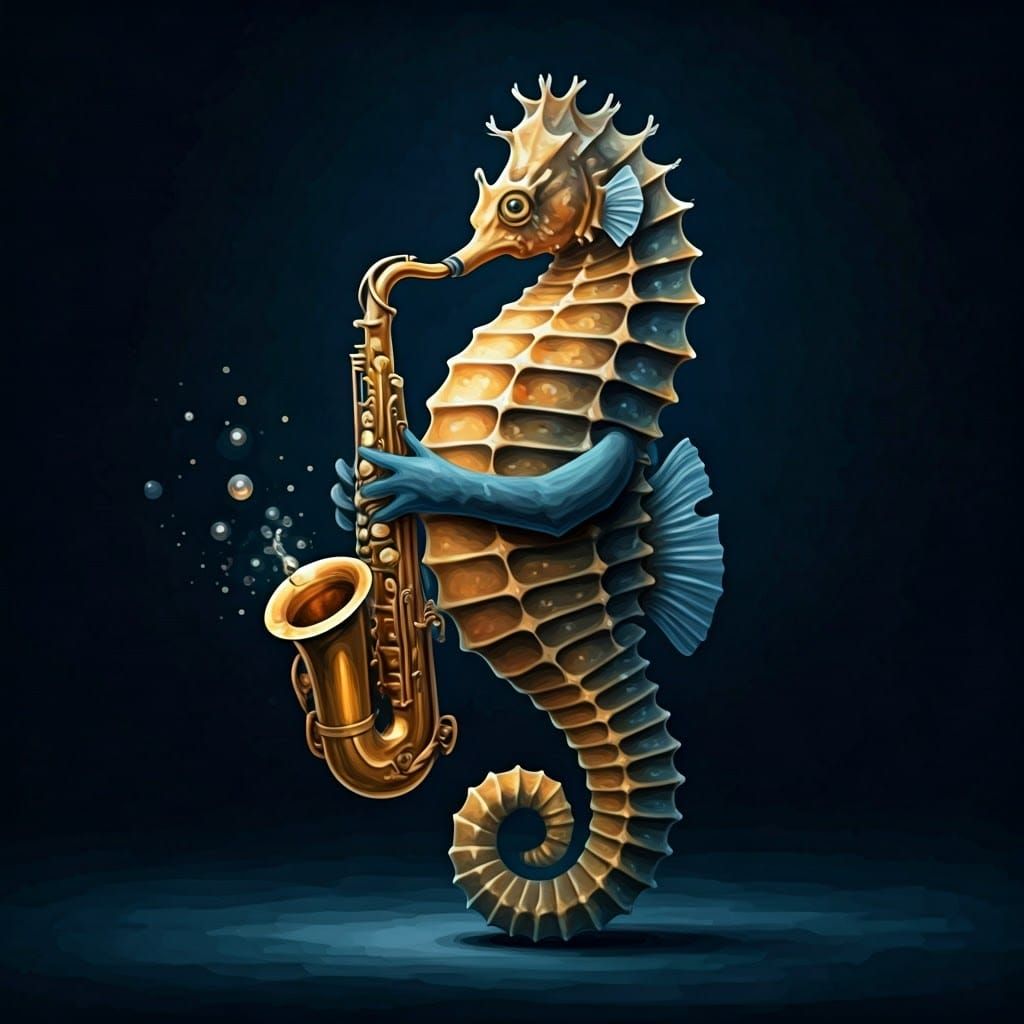 Seahorse Plays Saxophone: Gouache Detailed Painting
