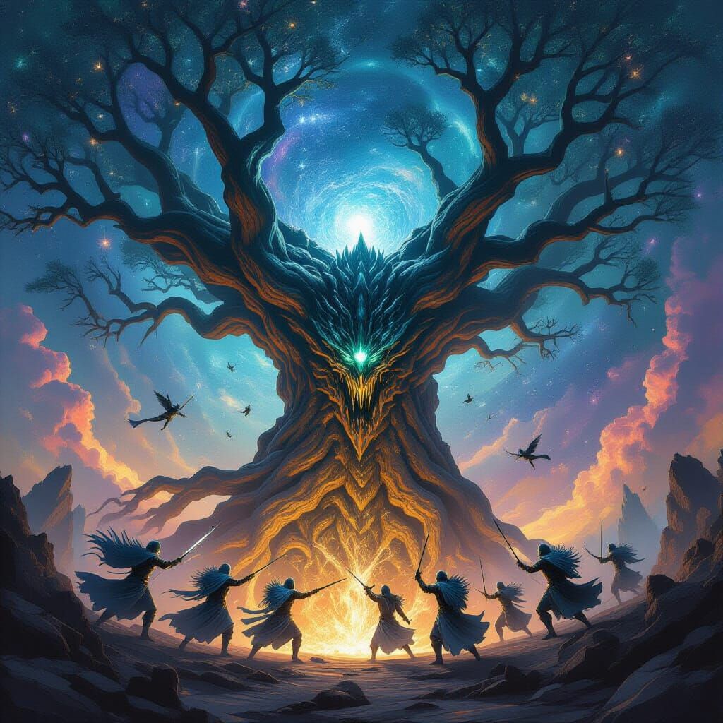 Cosmic Tree Battle: Crystal Warriors vs. Shadow Entities