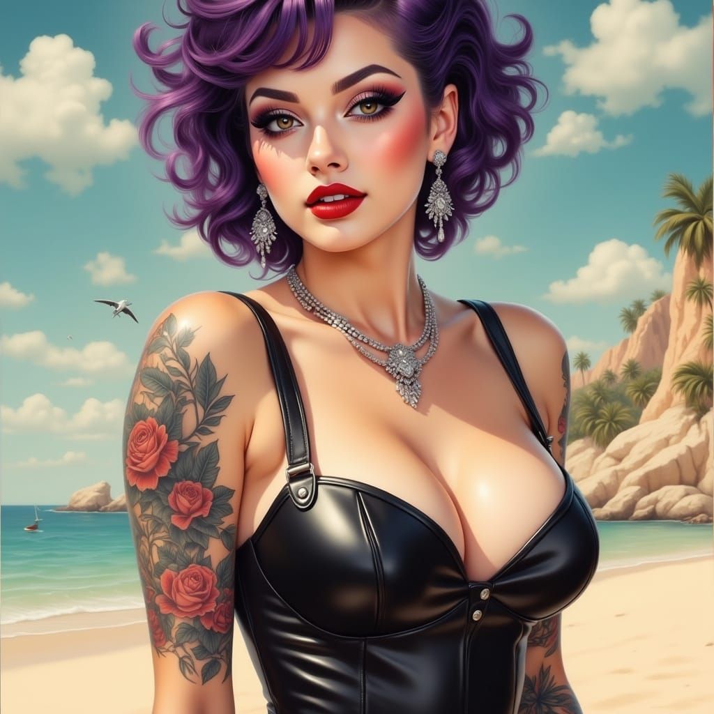 Vintage Punk Goddess with Purple Hair and Intricate Tattoos
