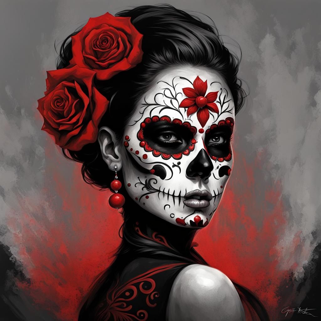 Sinister Sugar Skull Woman in Dark Fantasy Style
