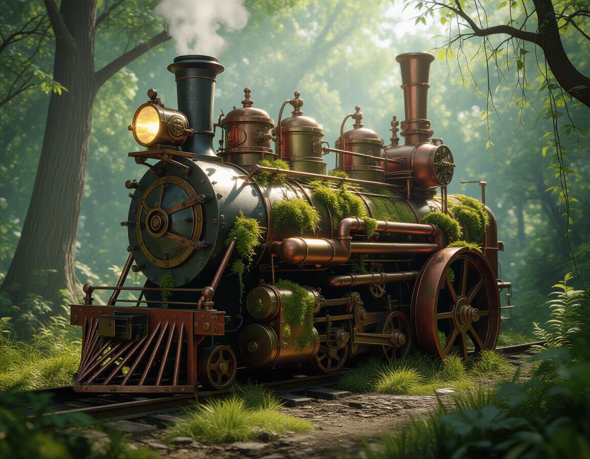 Steampunk Engine Overgrown with Glowing Moss in Comic Style