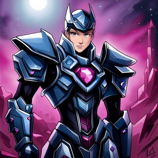 Obsidian Armored Suit with Pink Crystal Energy Staff