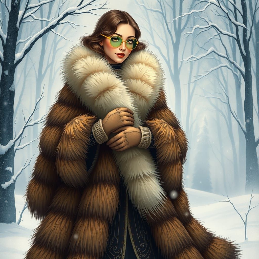 Elegant Woman in Winter Scene, Art Nouveau Style