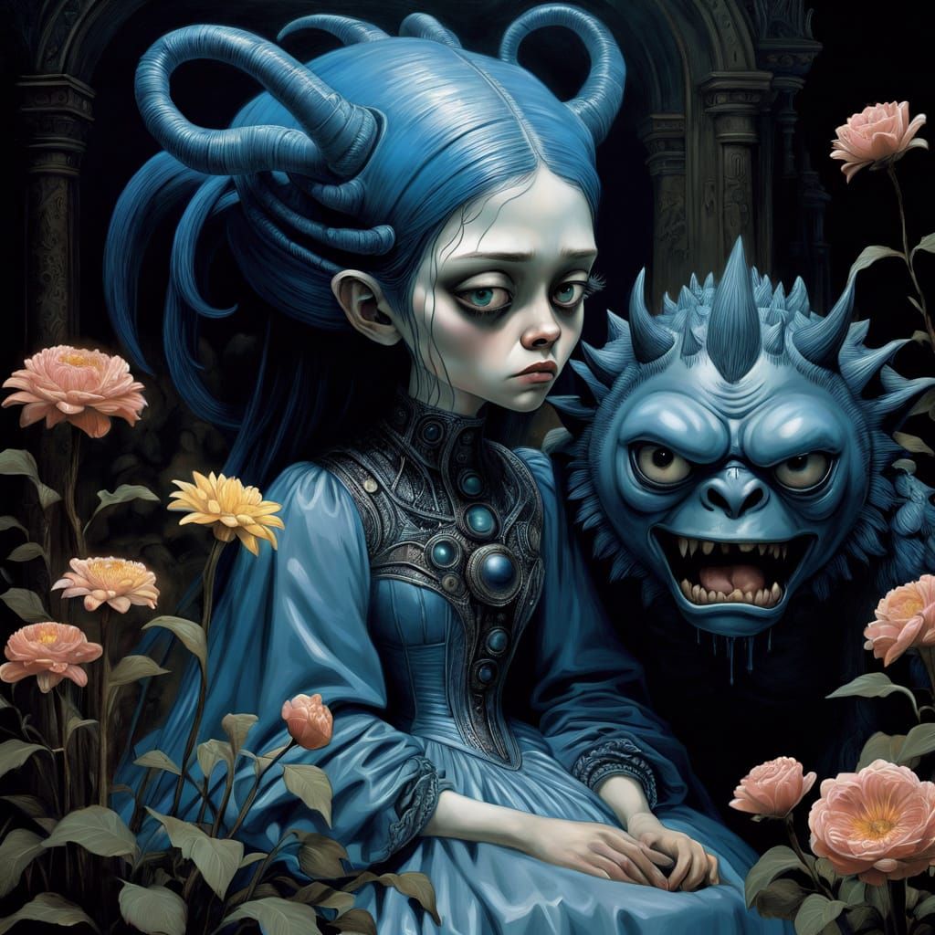 Girl and Her Dark Companion in a Gloom-Lit Cyberpunk Realm