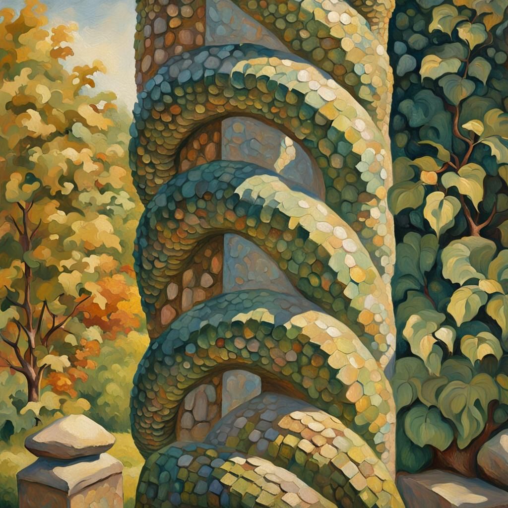 Serpent in Mystical Garden: Neo-Impressionist Oil Painting