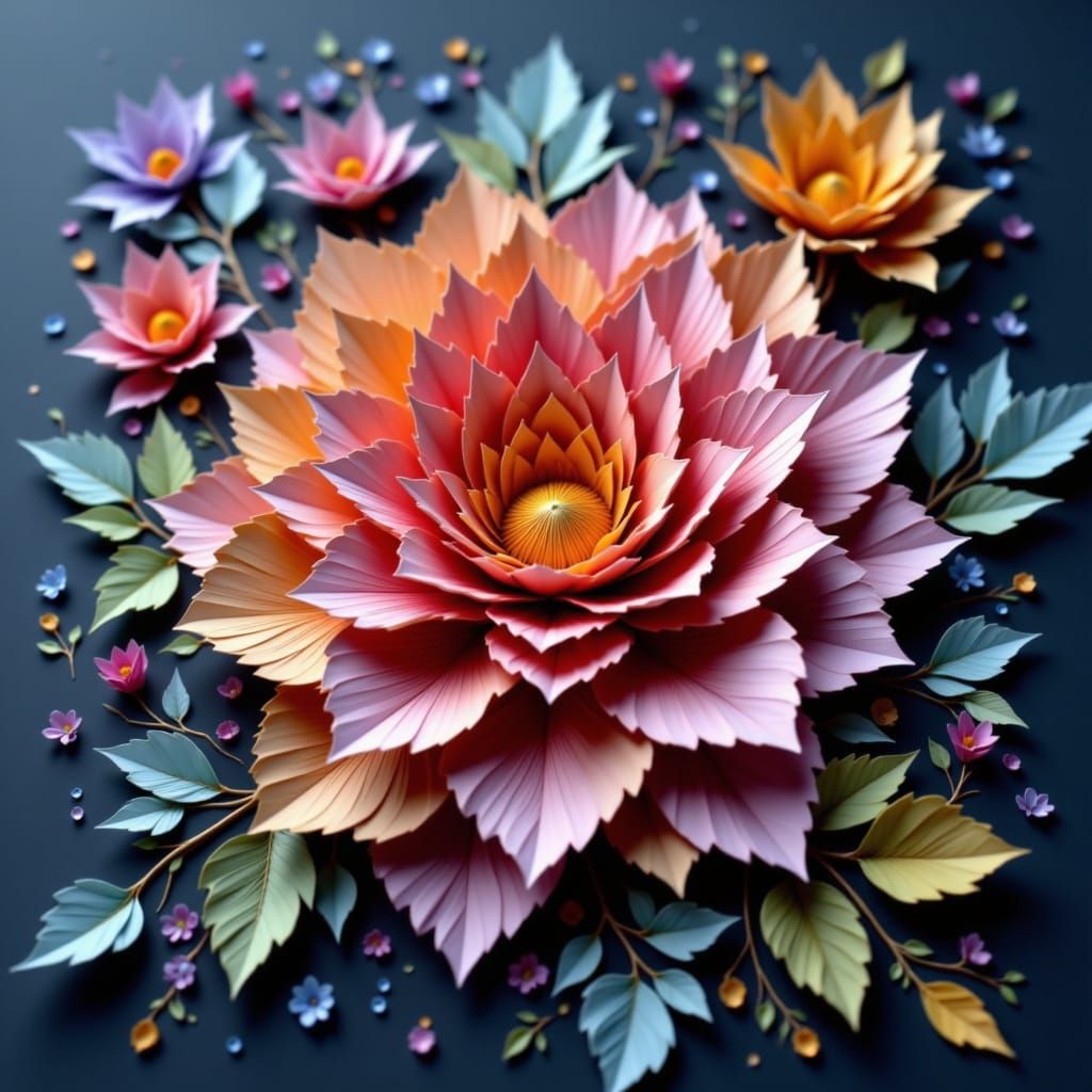 Origami Flower Papercraft in Detailed Matte Painting Style