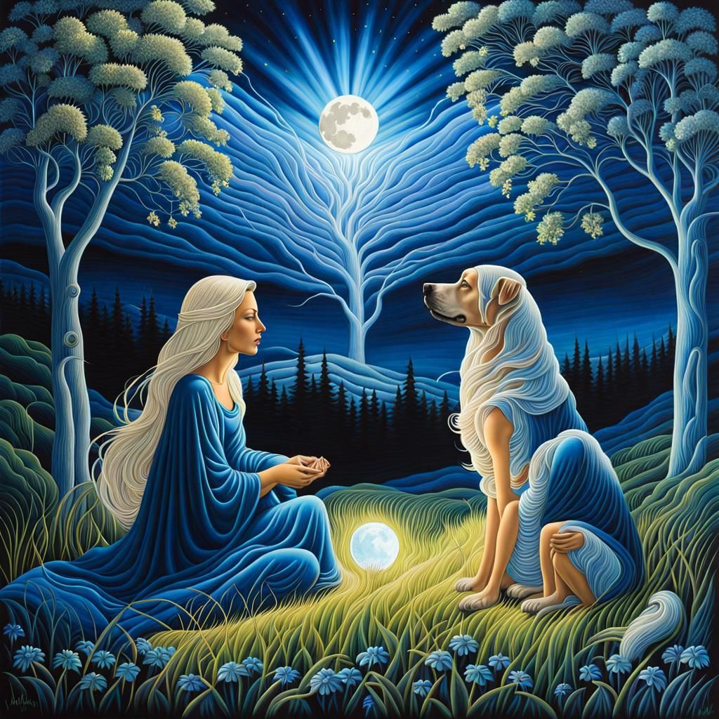 Celestial Forest Scene with Woman and Dog