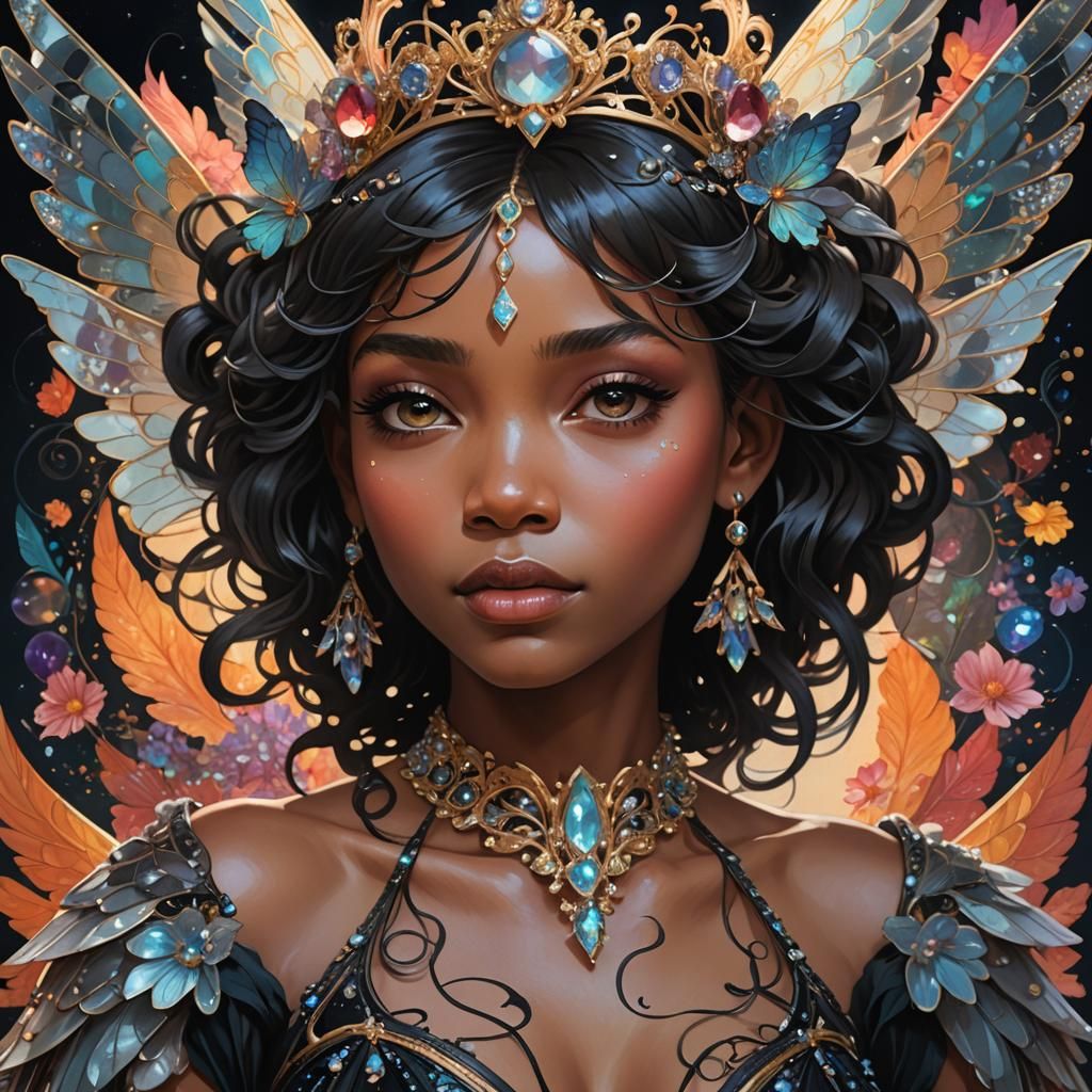 Black Fairy Princess Portrait in Magical Realism Style