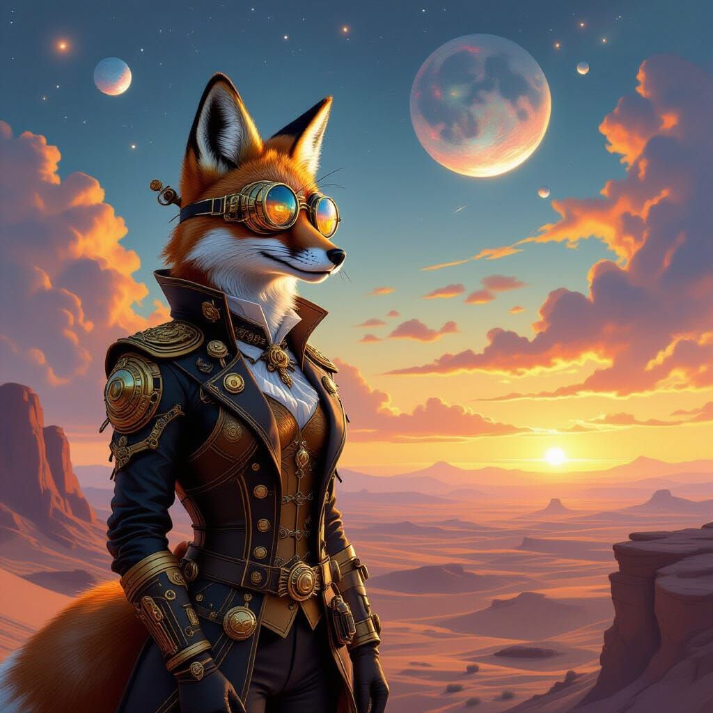 Steampunk Fox on Alien Desert Cliff