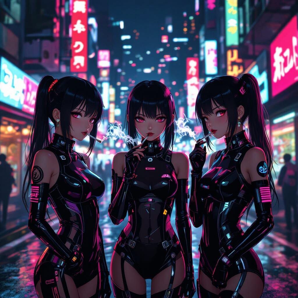 Anime Girls in Neon Cyberpunk Cityscape
