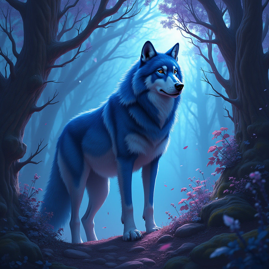 Regal Blue Wolf in Mystical Dreamscape