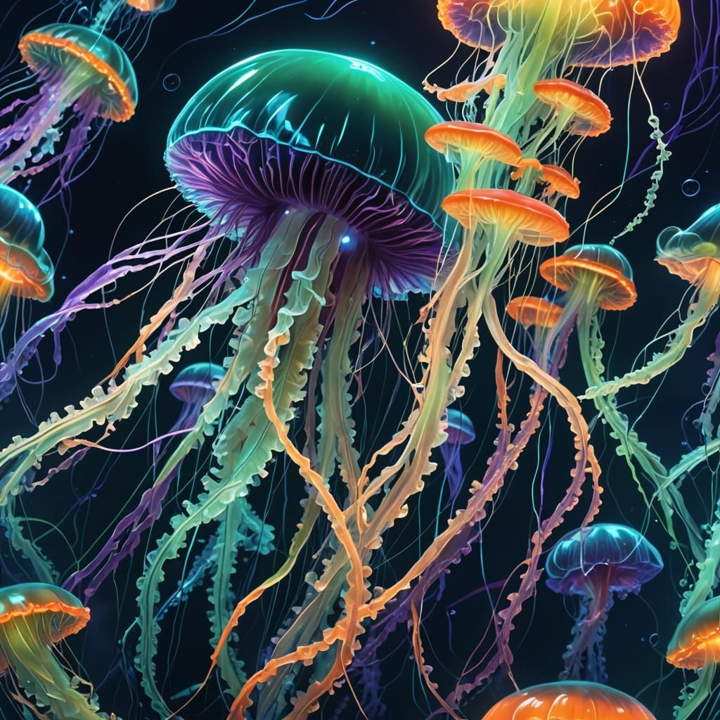 Glowing Jellyfish in Bioluminescent Underwater Scene