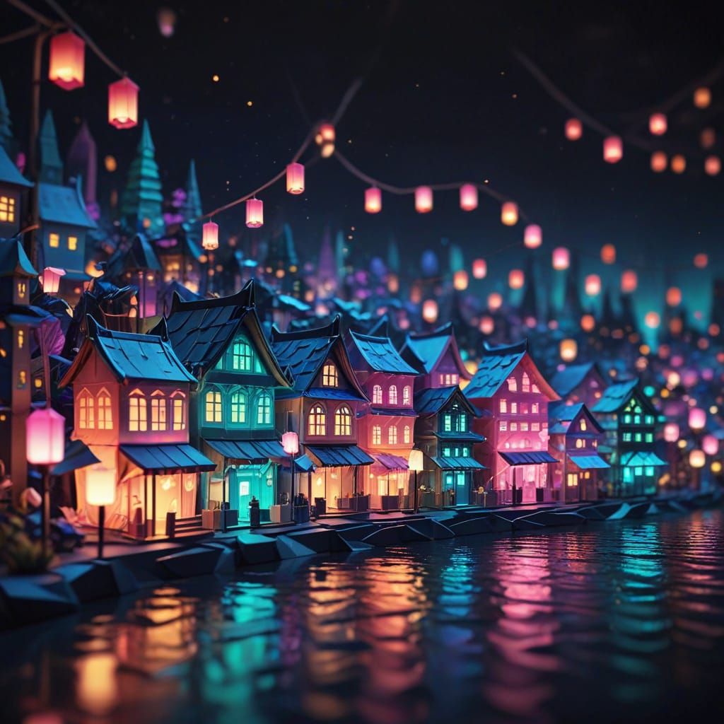 Origami Paper City at Night in Papercraft Style