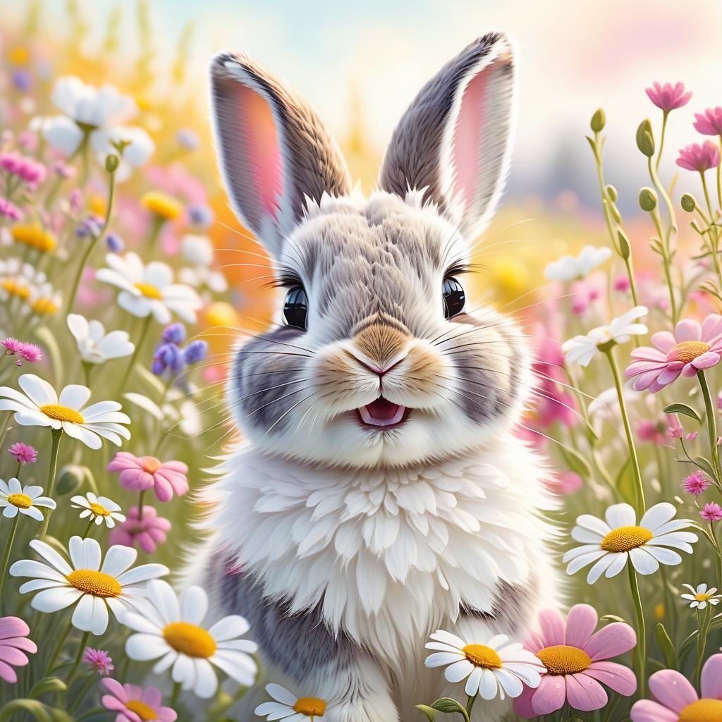 Whimsical Bunny Portrait in Sunny Flower Field