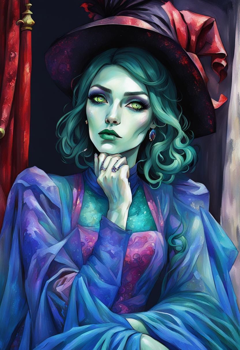 Expressionistic Witch with Blue Skin and Green Hair