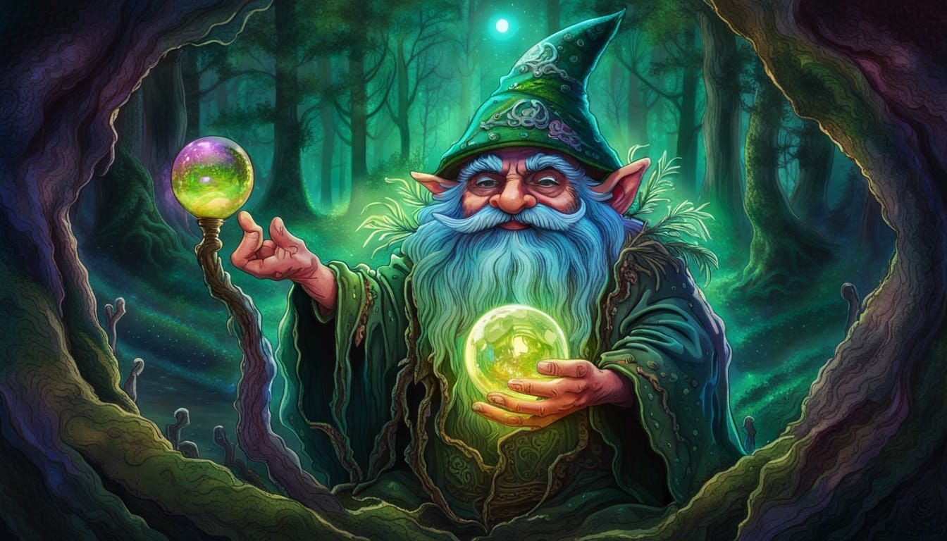 Mossy Wizard Gnome with Orb, Astral Illustration