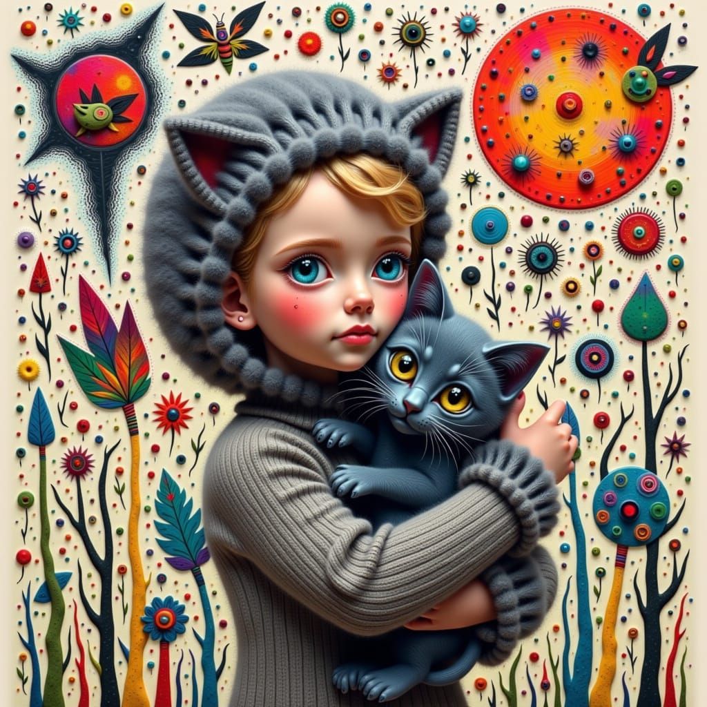 Dreamlike Portrait of Woman with Cat in Surrealist Style