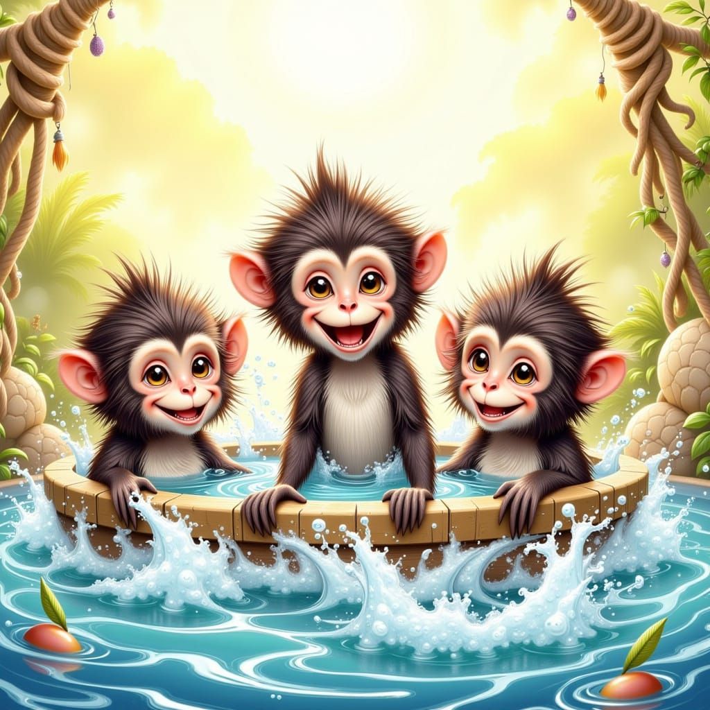 Whimsical Monkeys Relaxing in a Whirlpool