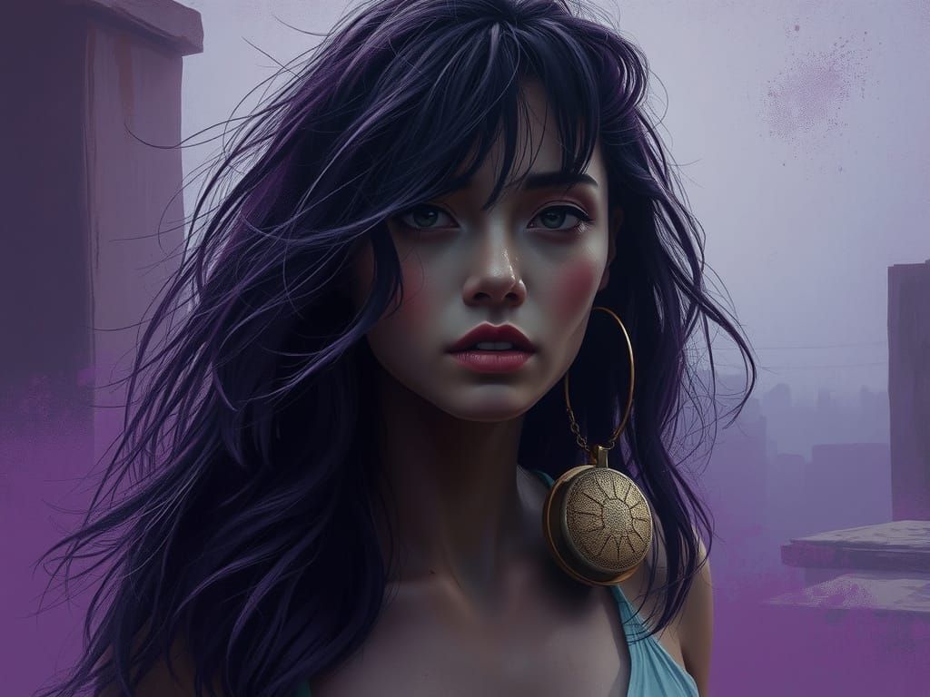 Woman as Turbulent Grays and Purples in Matte Painting Style