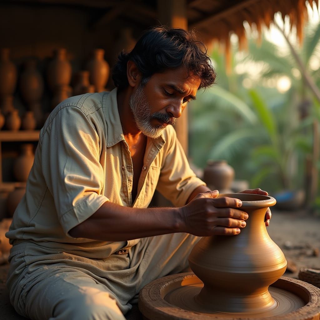 Rustic Kerala Potter at Work in Traditional Attire