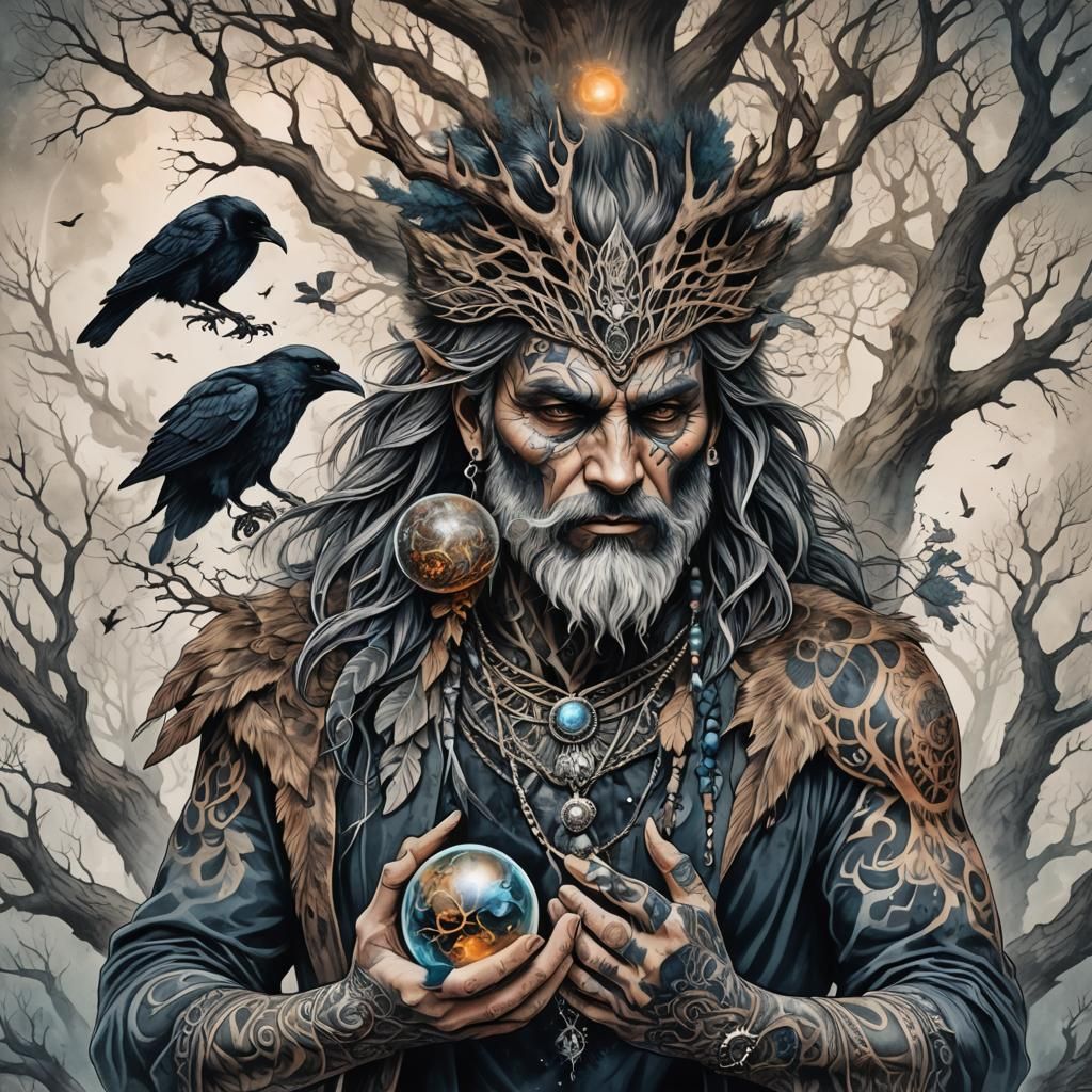 Druid Portrait with Magic and Tattoo Designs